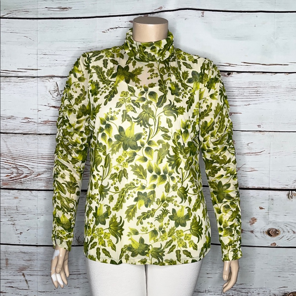 Susan Graver Size XL Cream - Green Floral Print Ruched Mock Neck Mesh Blouse Top